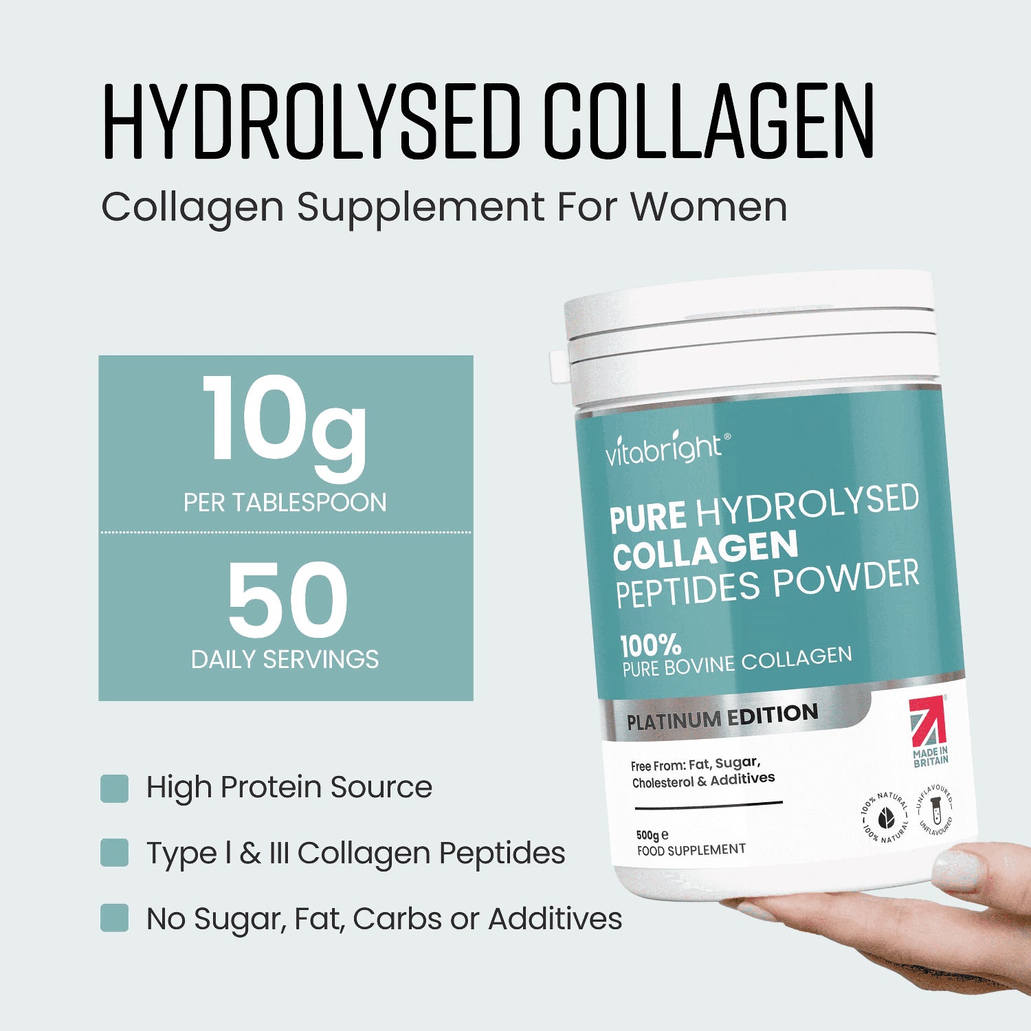 VitaBright bovine collagen powder 500g tub (British brand)