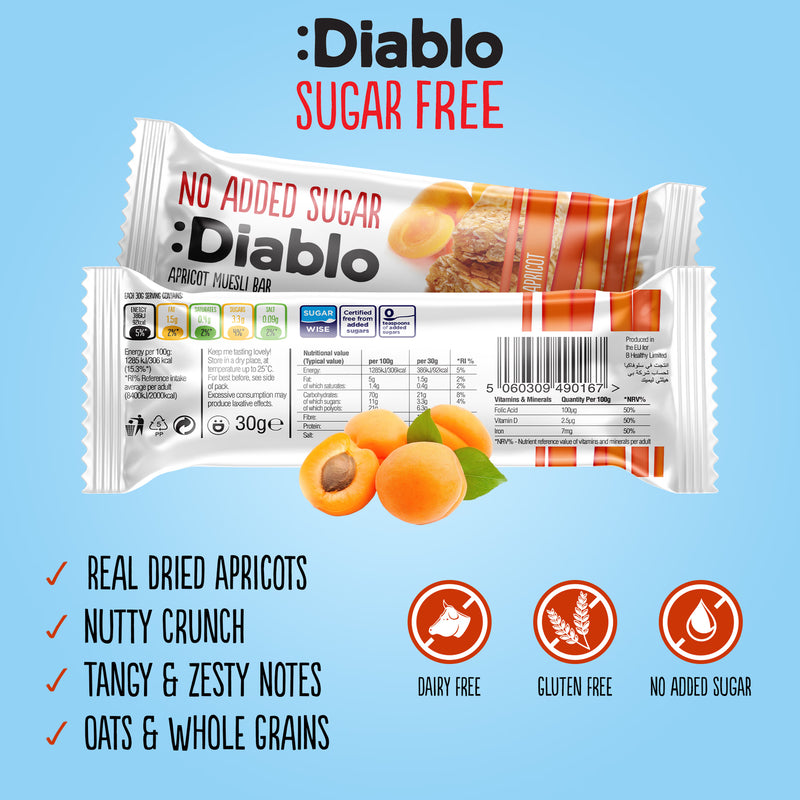 Diablo no added sugar muesli bar apricot 30g, imported from the UK