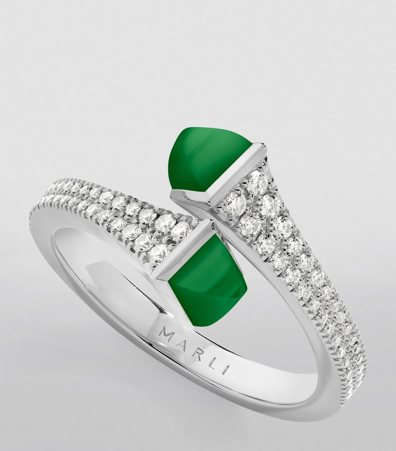 Marli New York white gold diamond green agate Cleo ring - British product