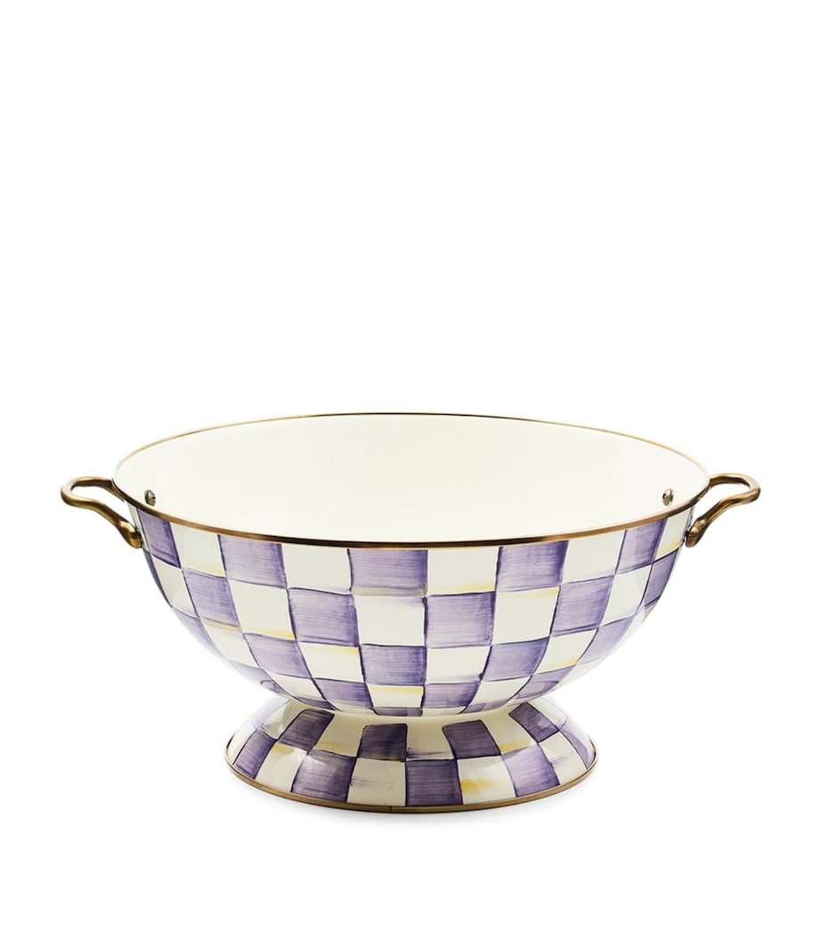 MacKenzie-Childs Violet Check enamel bowl with brass handles, UK version