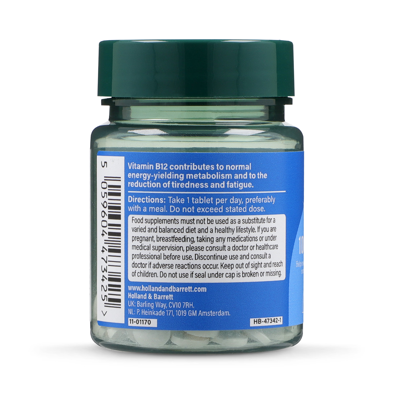 Holland & Barrett vitamin B12 supplement 100µg 60 tablets, imported from the UK