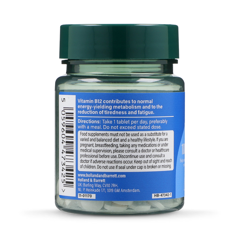 Holland & Barrett vitamin B12 supplement 100µg 60 tablets, imported from the UK