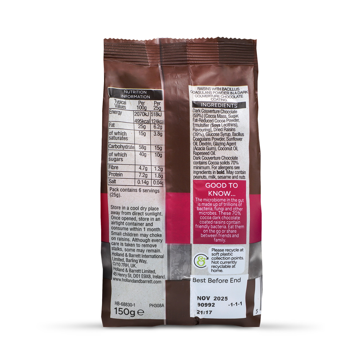 Holland & Barrett dark chocolate raisins 150g, UK version