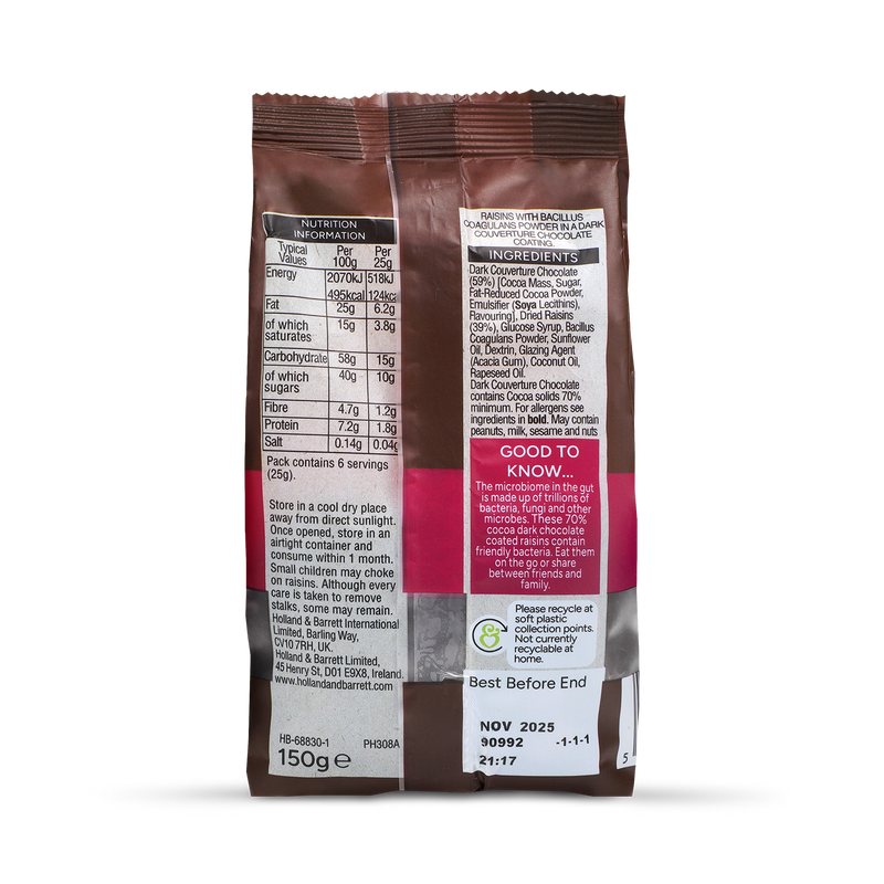 Holland & Barrett dark chocolate raisins 150g, UK version