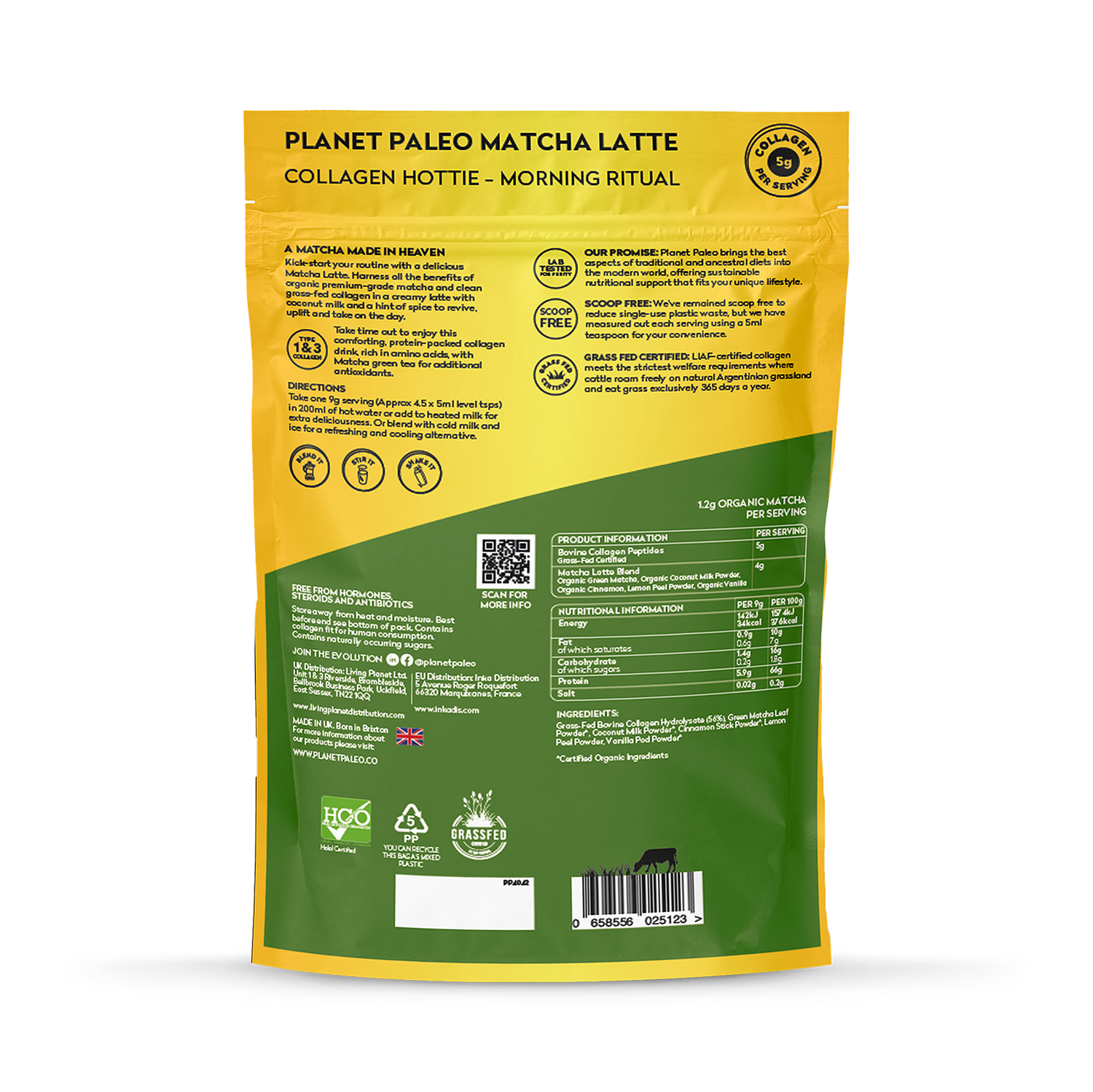 Planet Paleo Matcha Latte Collagen Drink 225g (British brand)