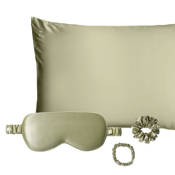 Silk Addict mulberry silk gift set in olive green, UK version