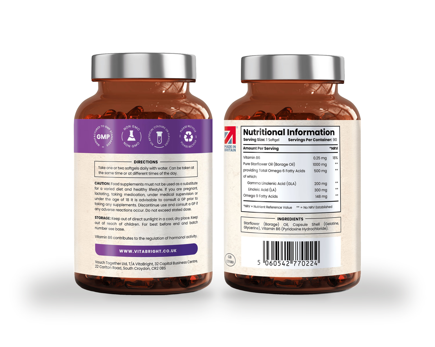 VitaBright starflower oil supplement with vitamin B6 1000mg 90 softgels (British brand)