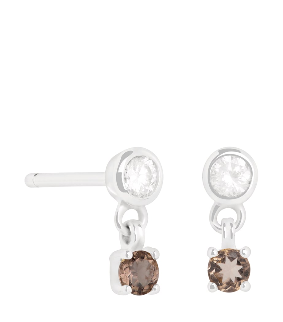 Astrid & Miyu rhodium-plated stud earrings with diamond and smoky quartz - British product