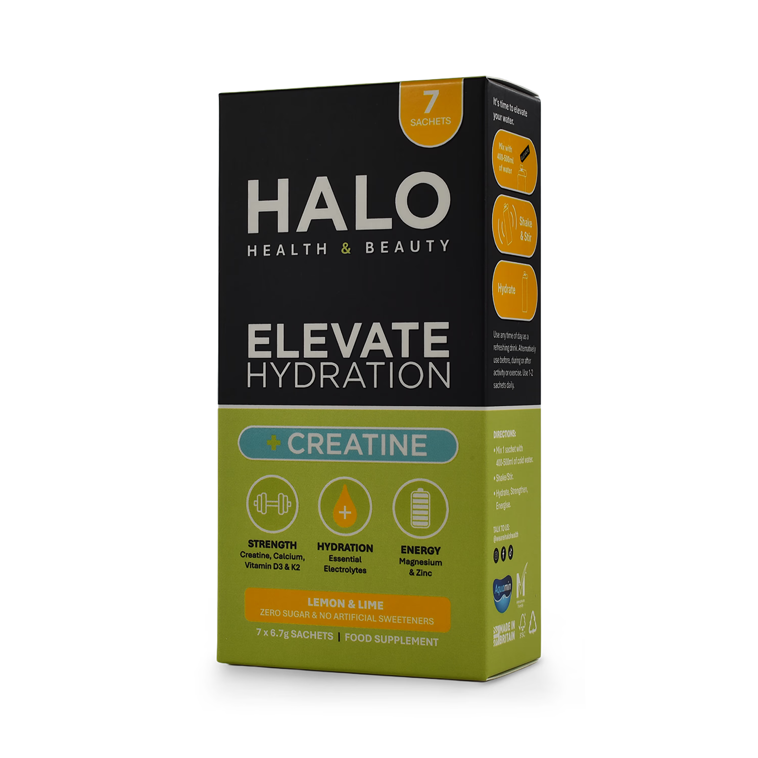Halo Elevate hydration creatine electrolytes lemon lime 7 sachets (British brand)