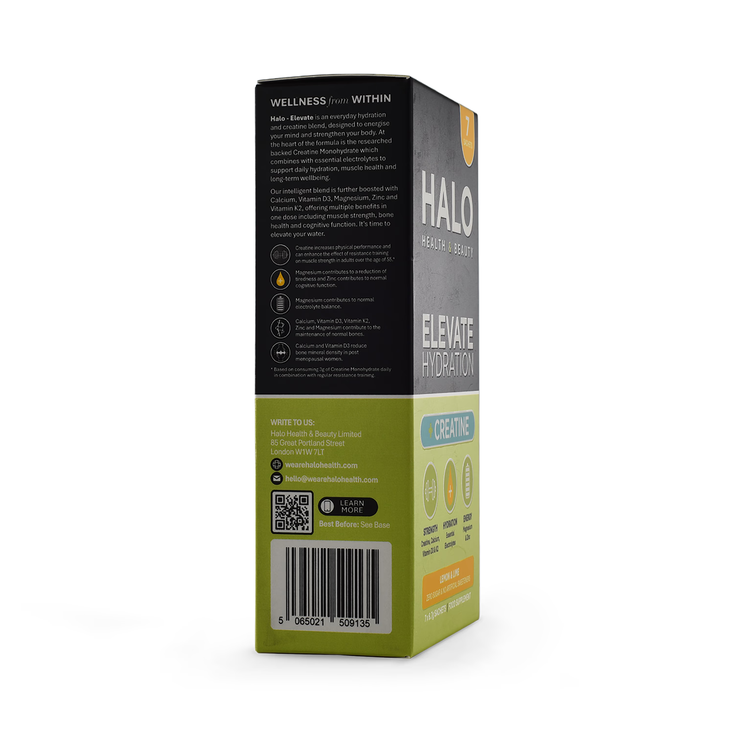 Halo Elevate hydration creatine electrolytes lemon lime 7 sachets (British brand)