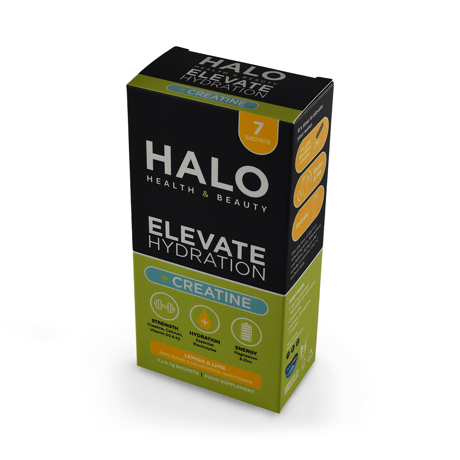 Halo Elevate hydration creatine electrolytes lemon lime 7 sachets (British brand)
