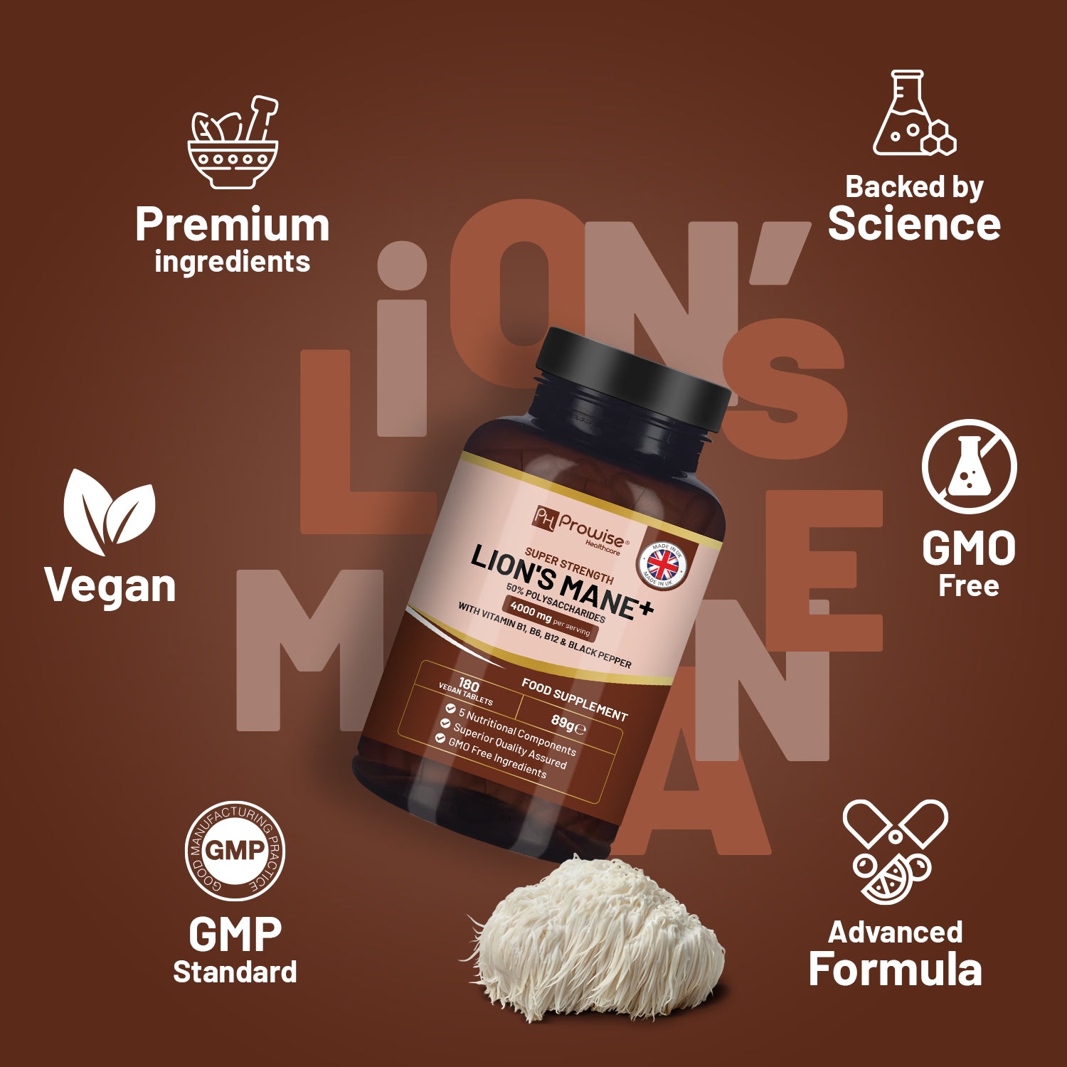 Prowise Lion's Mane supplement 4000mg vegan tablets - British product