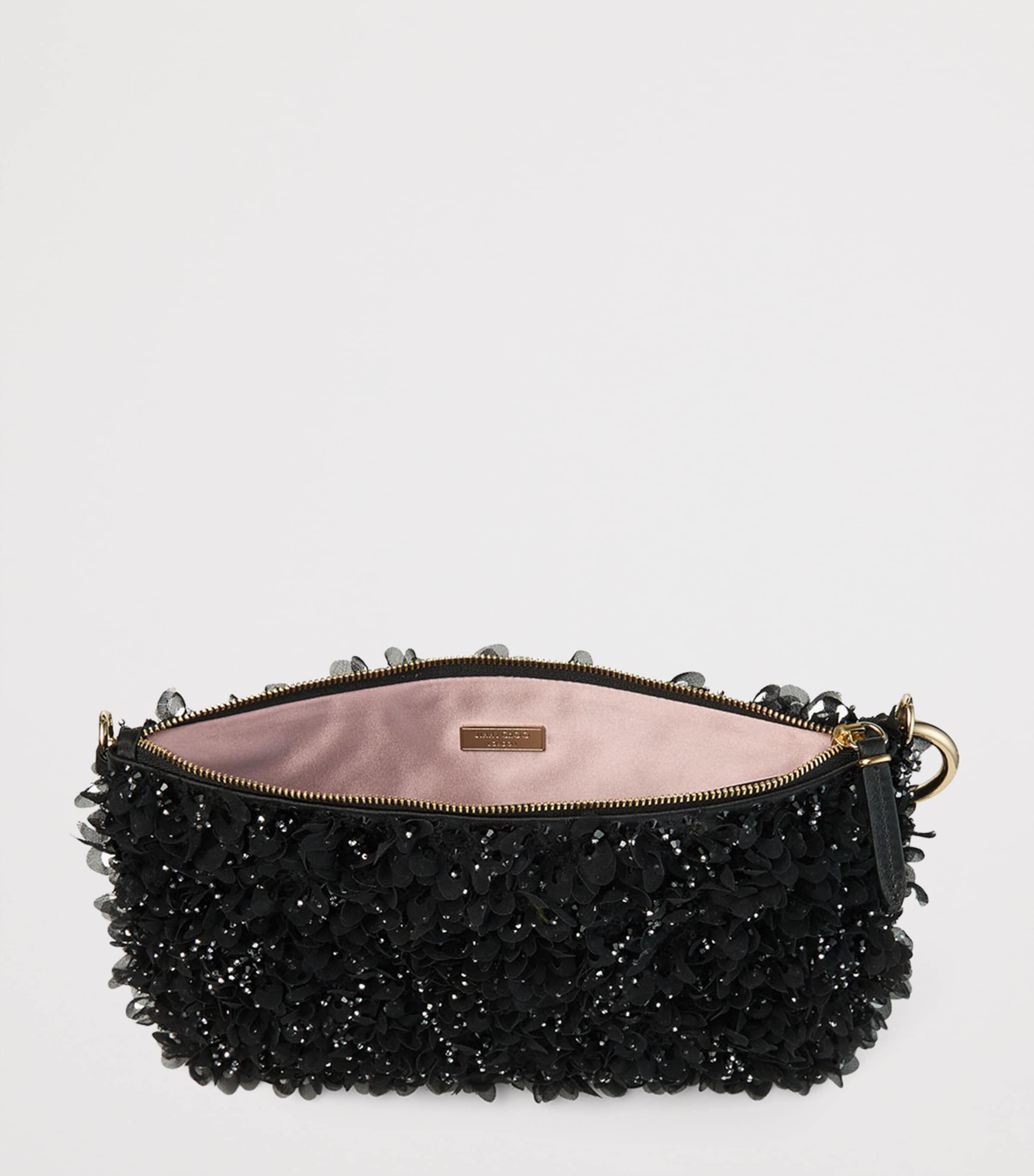 Jimmy Choo crystal-embellished satin clutch bag, imported from the UK