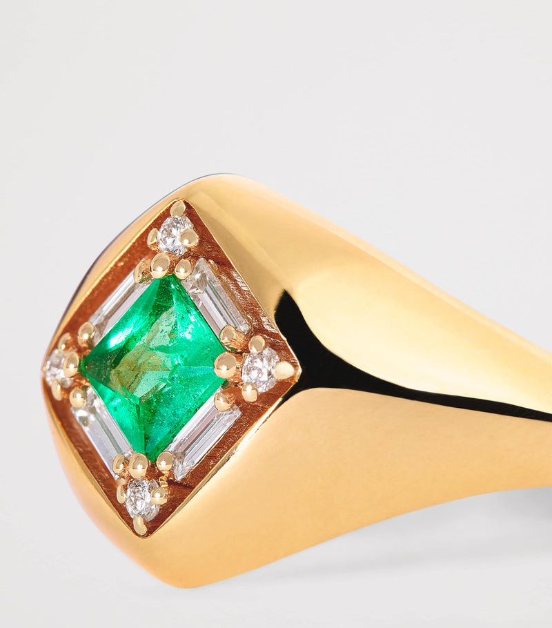 Suzanne Kalan yellow gold emerald diamond signet ring, imported from the UK