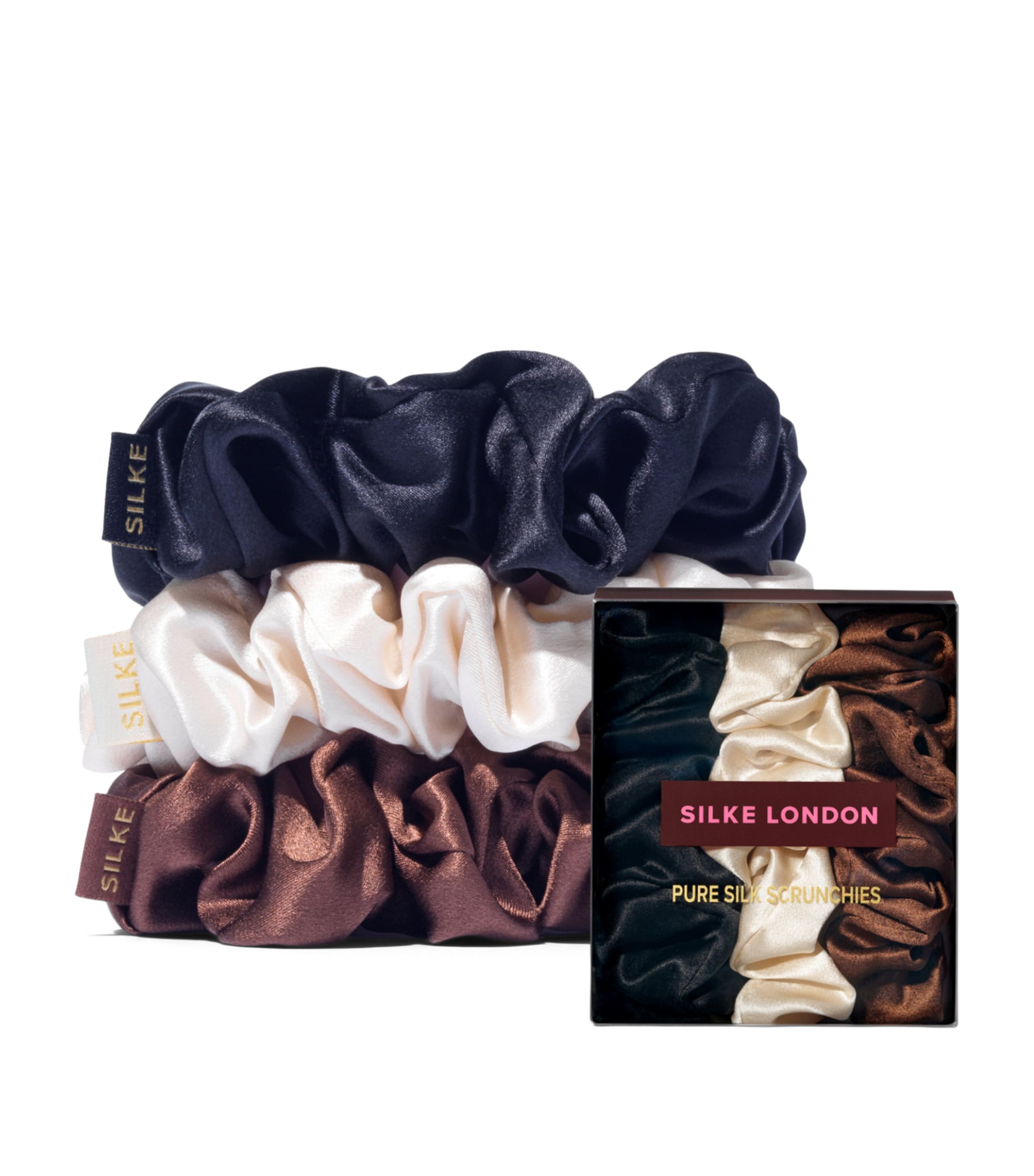 Silke mulberry silk hair scrunchies set of 3 (British brand)