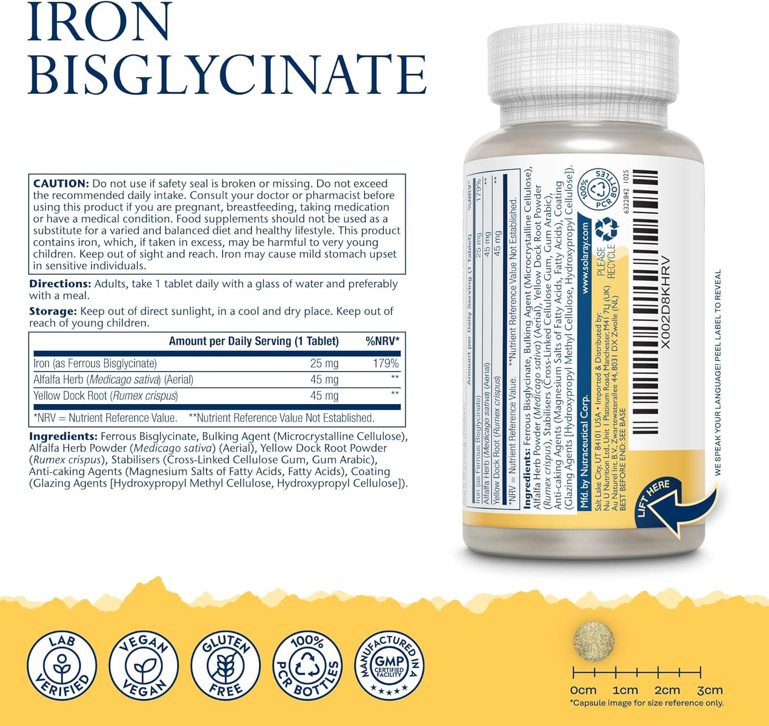 Solaray Iron Bisglycinate vegan tablets 60 count - British product