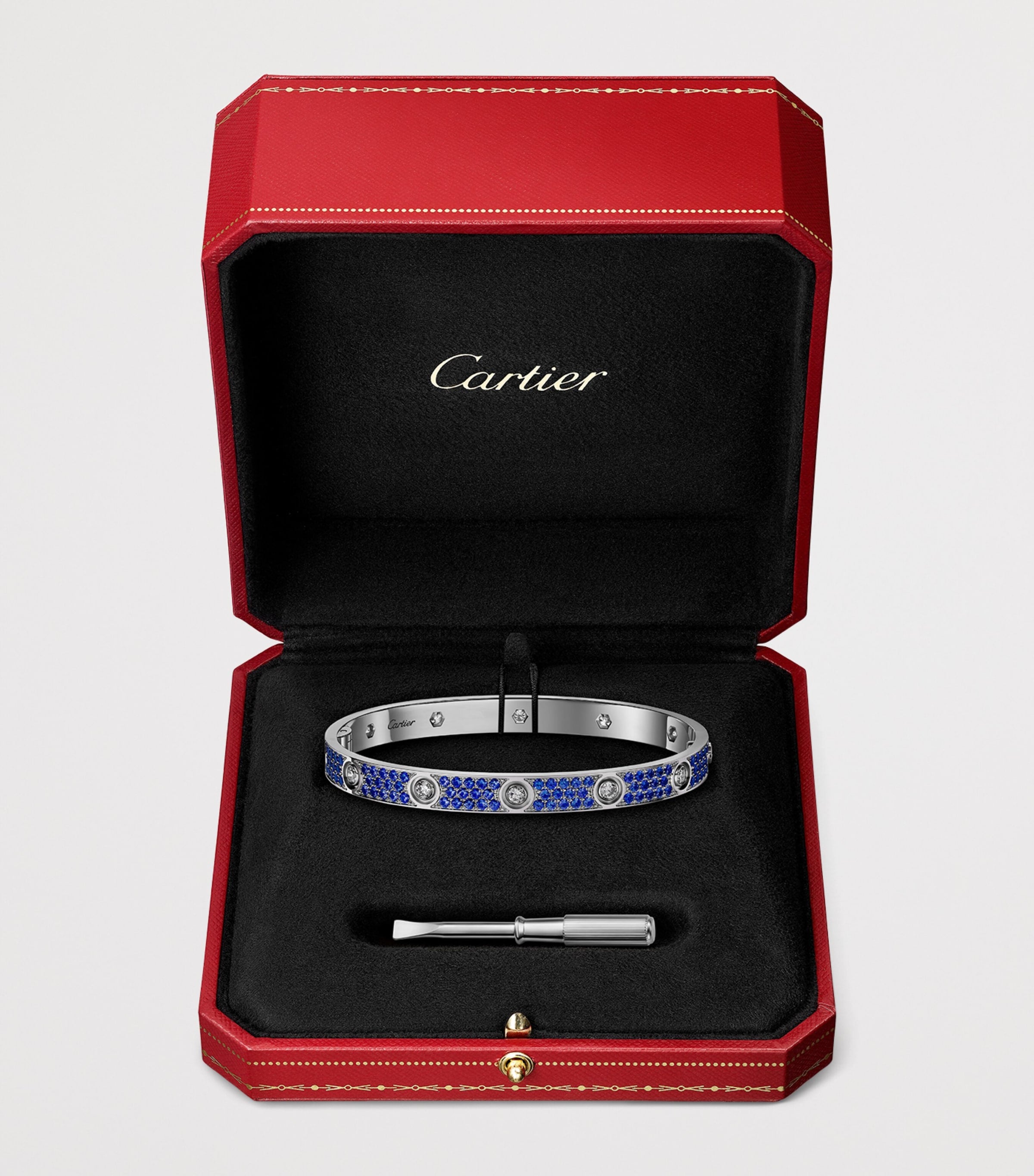 Cartier white gold LOVE bracelet with diamonds and sapphires, UK version