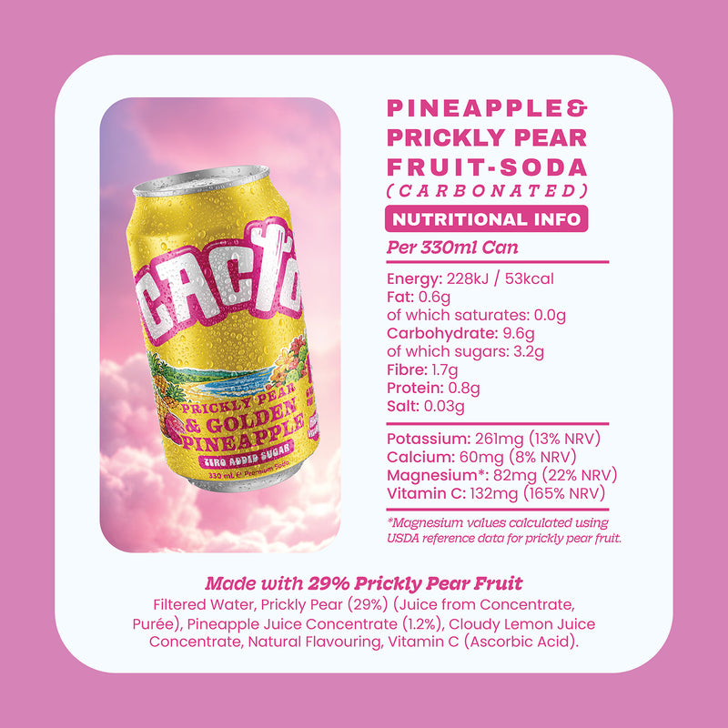 Cacto soda prickly pear and pineapple 330ml, UK version