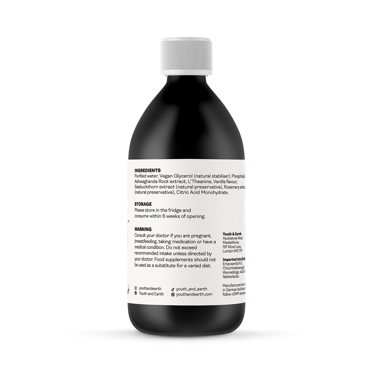 Youth and Earth Liposomal Ashwagandha L-Theanine supplement 250ml, imported from the UK