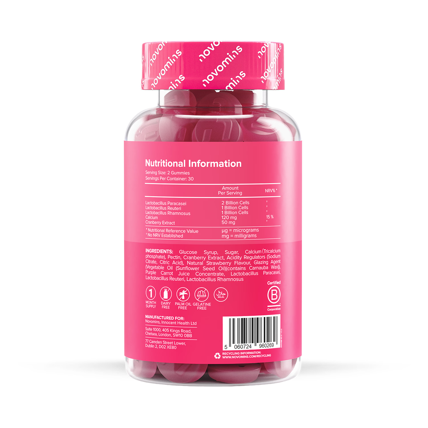 Novomins Women's Bio-Balance Strawberry Flavoured Probiotic Gummies 60 Gummies, imported from the UK