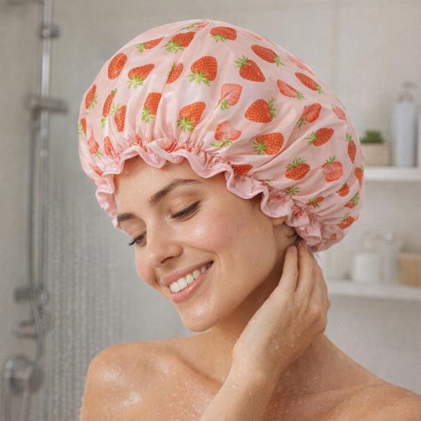 Studio Dry strawberry matcha reusable shower cap - British product
