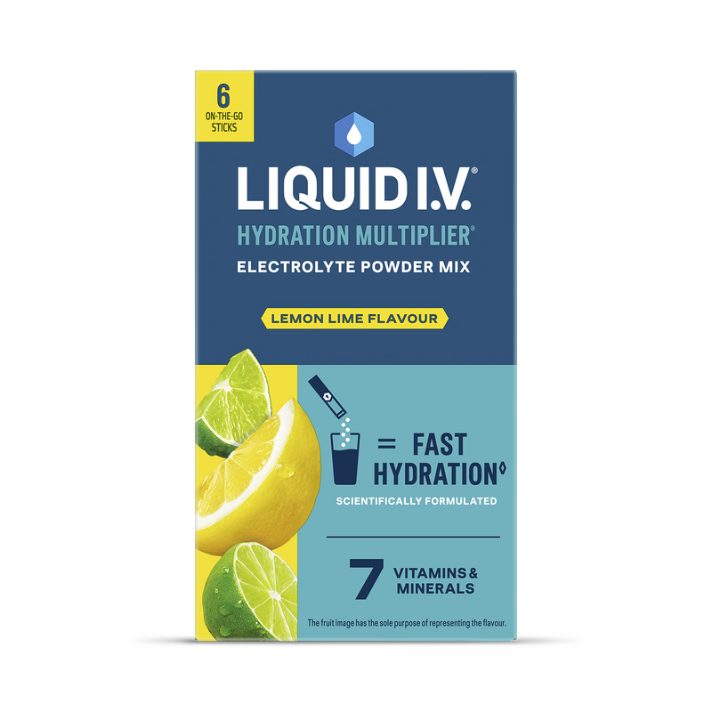 Liquid I.V. lemon lime electrolyte powder sachets, imported from the UK