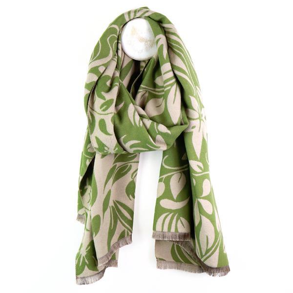 POM jacquard scarf green beige leaf silhouette 69x184cm - British product