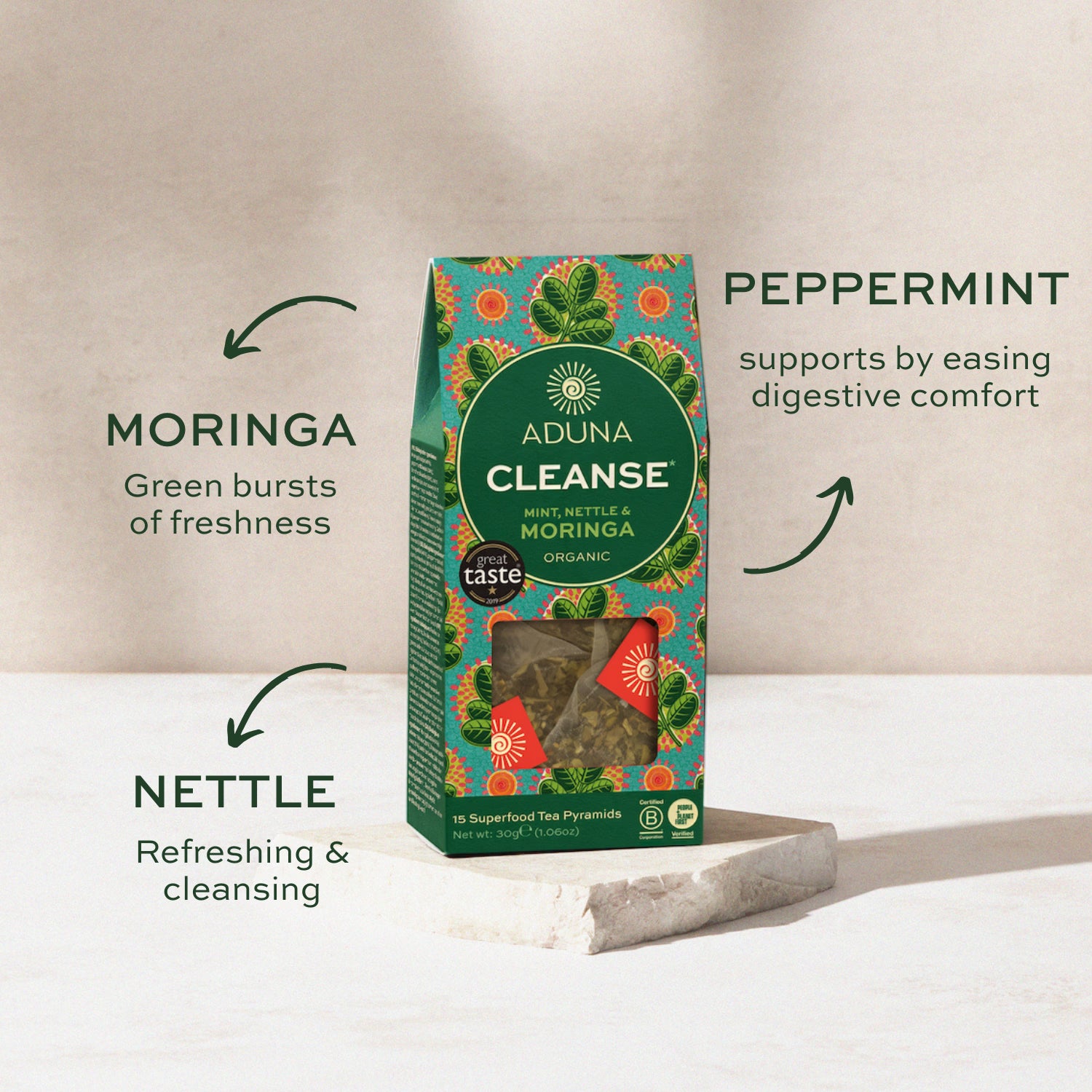 Aduna Cleanse Superfood Moringa Tea 15 tea bags, imported from the UK