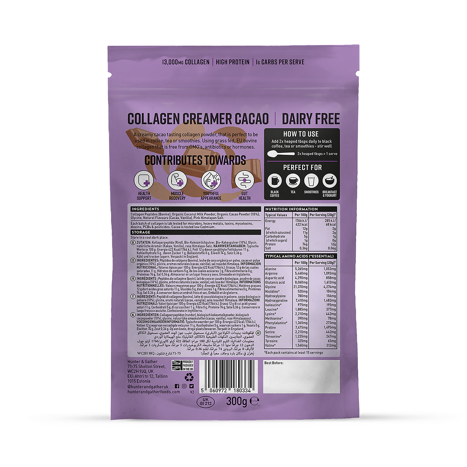 Hunter & Gather collagen creamer cacao 300g - British product
