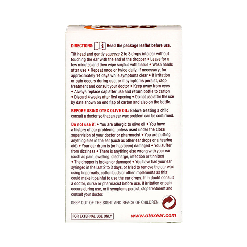 Otex olive oil ear drops, imported from the UK