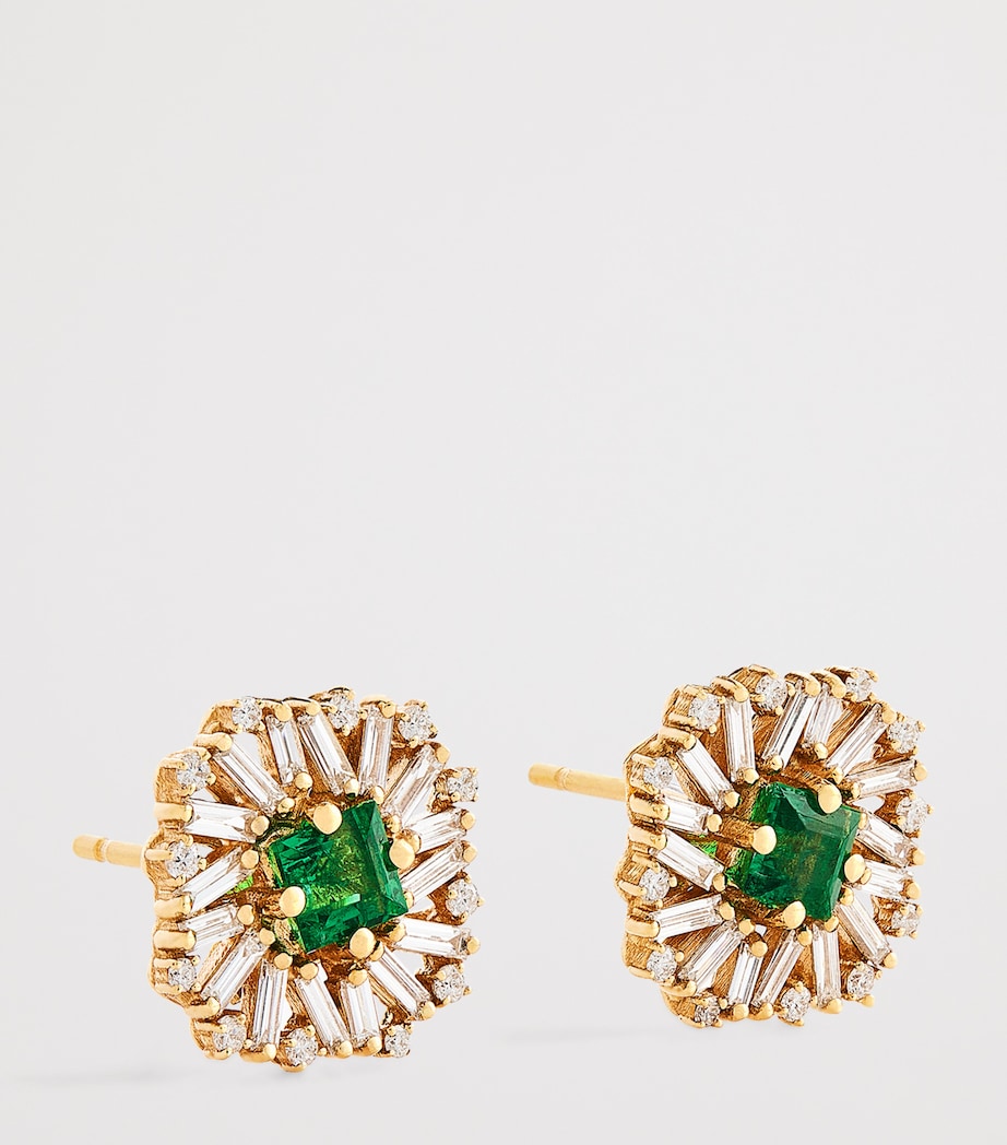 Suzanne Kalan flower stud earrings yellow gold diamond emerald - British product