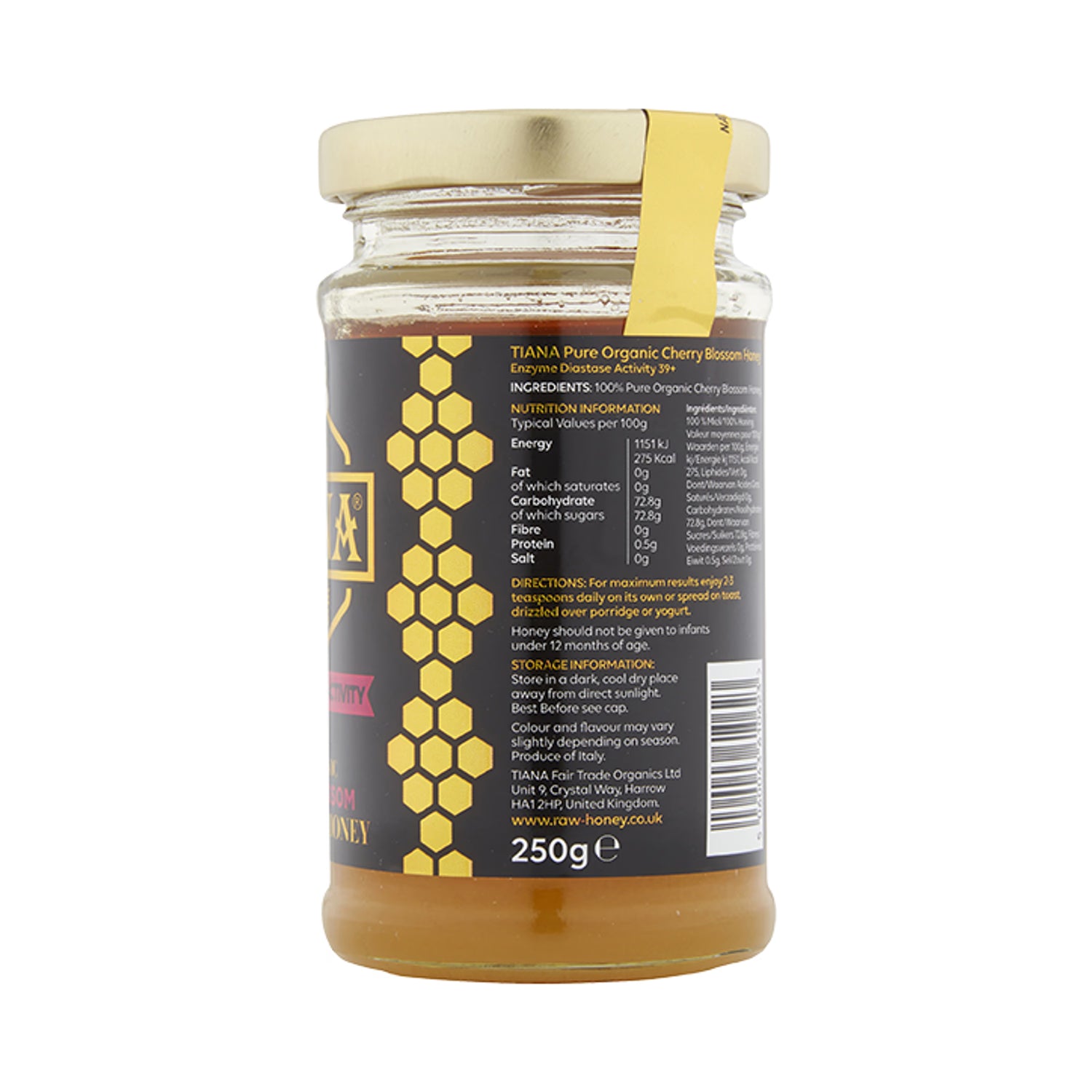Tiana organic cherry blossom honey 250g, imported from the UK