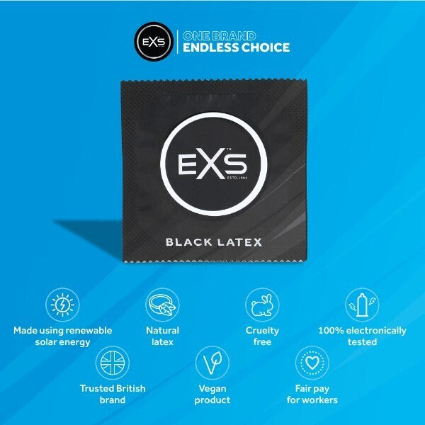 EXS black latex condoms vegan 12 pack, UK version
