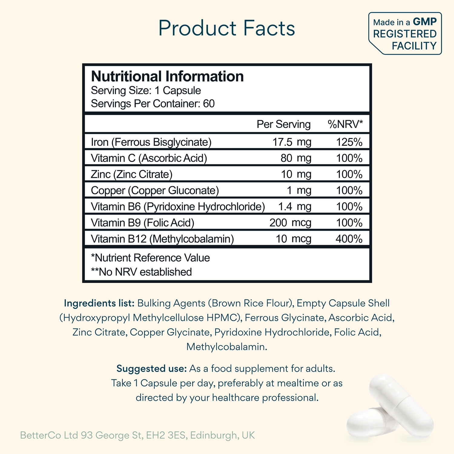 Bettervits Iron Complex supplement 60 capsules, imported from the UK