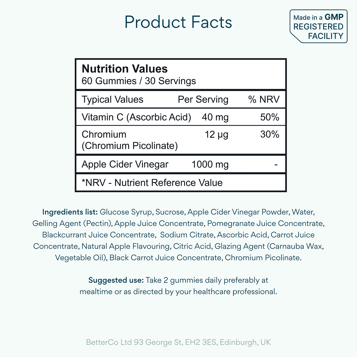 Bettervits apple cider vinegar gummies 60 count (British brand)