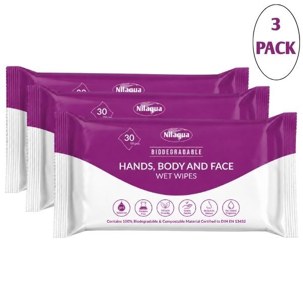 Nilaqua wipes 30pk triple pack for face body and hands (British brand)