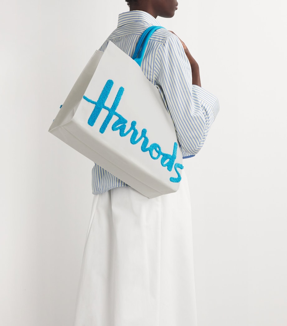 Harrods large cotton logo tote bag in ivory and blue, UK version