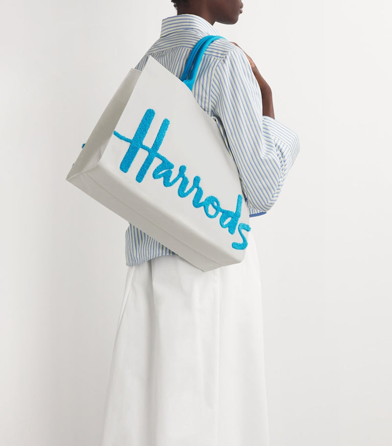Harrods large cotton logo tote bag in ivory and blue, UK version