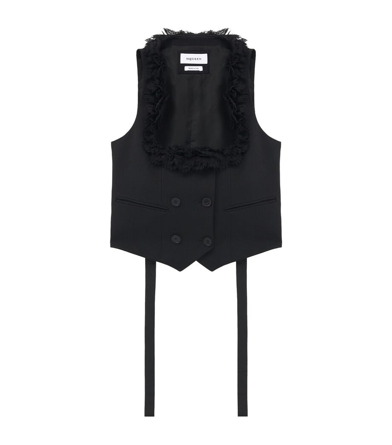 Wool Waistcoat with Lace Ruffles and Square Neckline