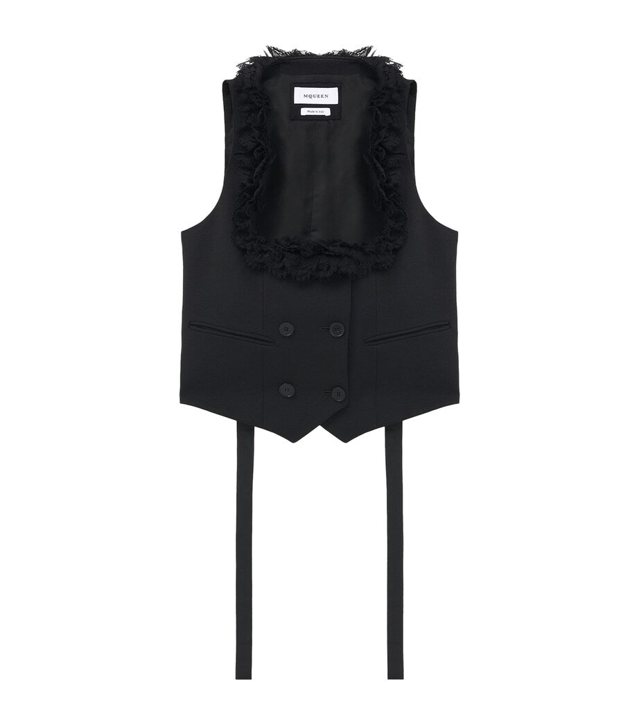 Wool Waistcoat with Lace Ruffles and Square Neckline