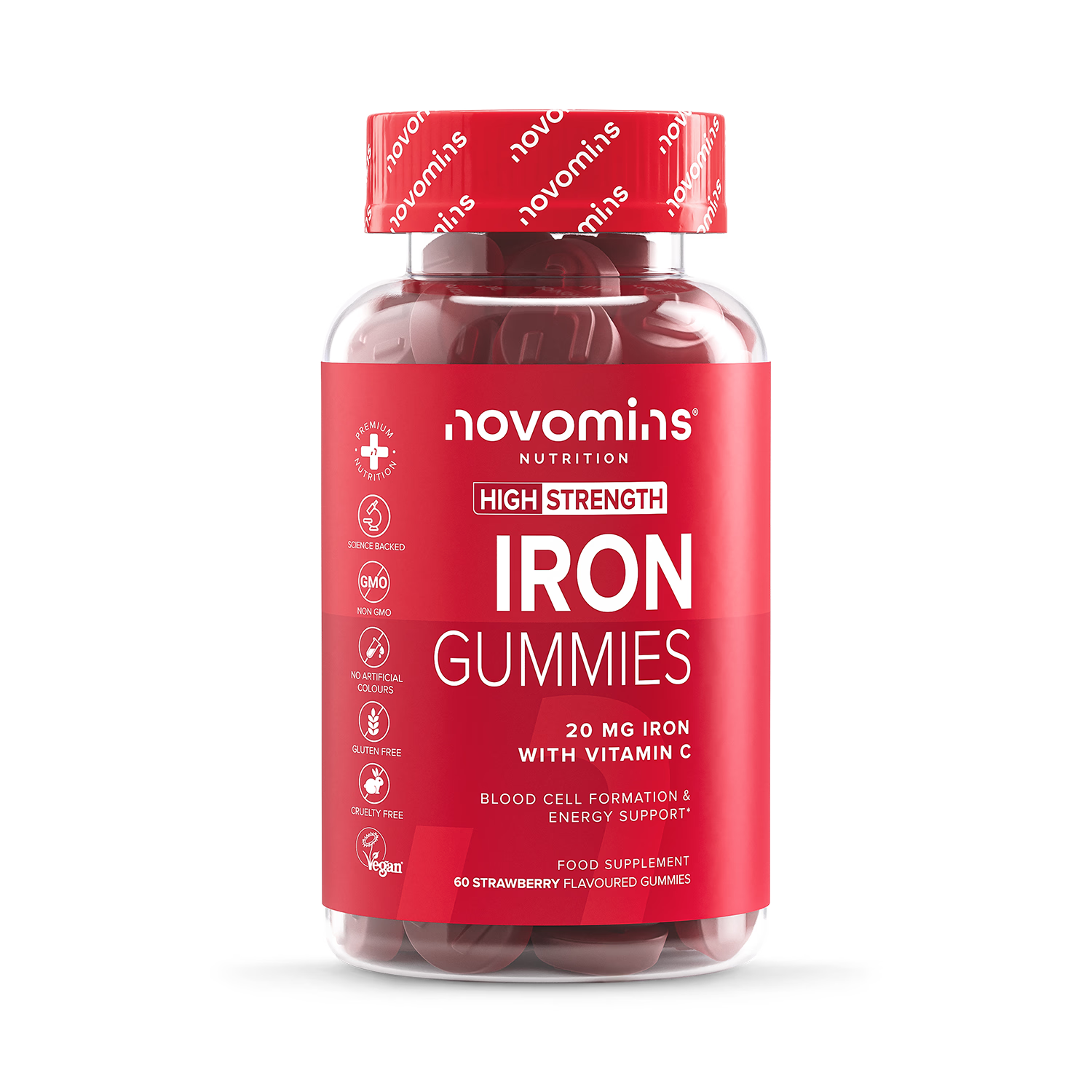 Novomins iron gummies strawberry flavoured 60 gummies, UK version