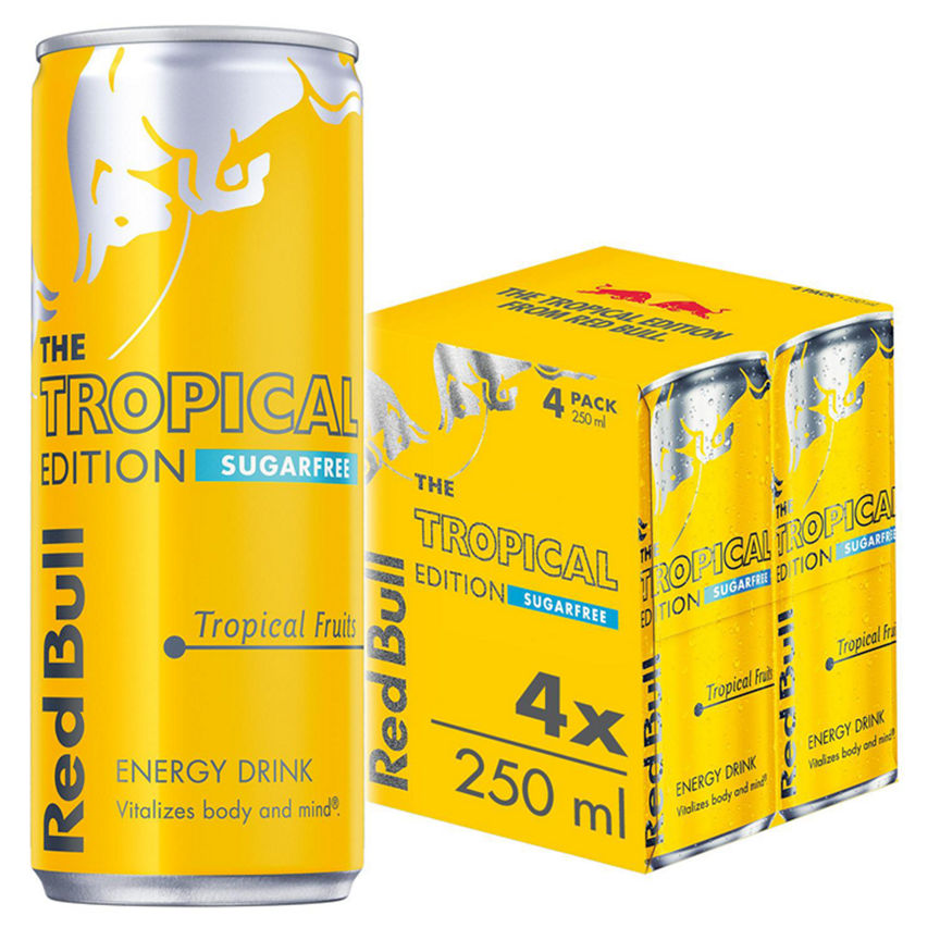 Red Bull Energy Drink Sugar Free Tropical Edition Cans 4x250ml GOODS ASDA   