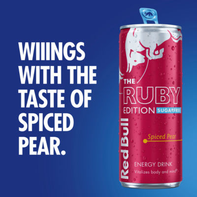 Red Bull energy drink Ruby Edition Sugarfree Spiced Pear 250ml 4 pack, imported from the UK