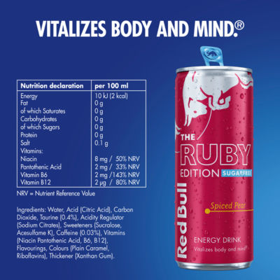 Red Bull energy drink Ruby Edition Sugarfree Spiced Pear 250ml 4 pack, imported from the UK