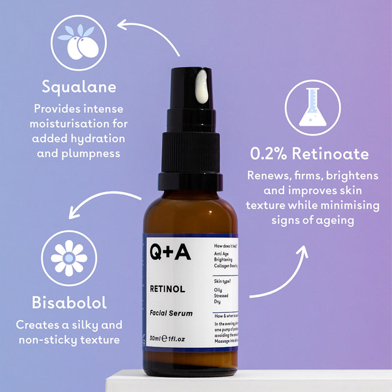 Q+A Retinol Facial Serum 30ml, imported from the UK
