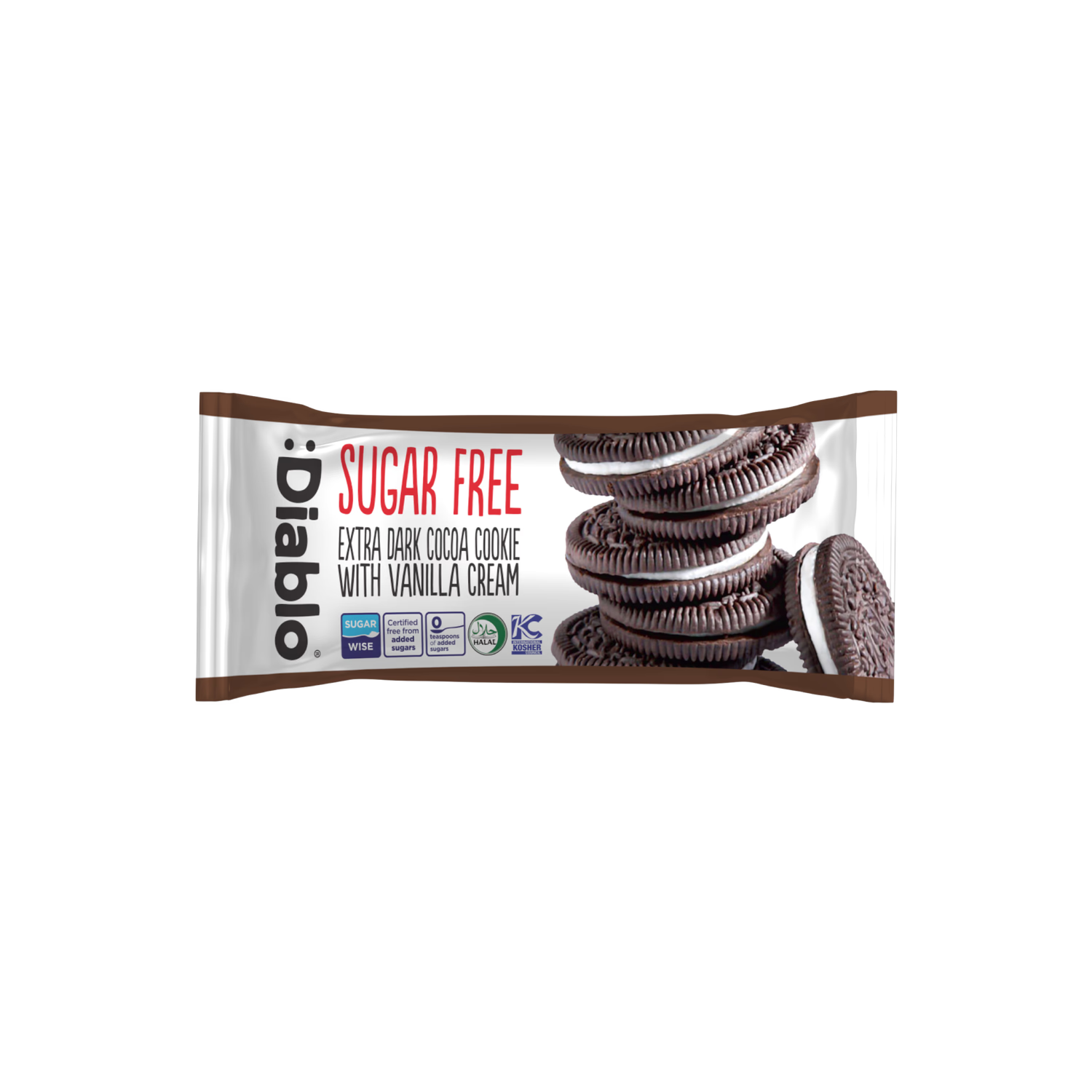 Diablo sugar-free extra dark cocoa vanilla cream cookies, imported from the UK