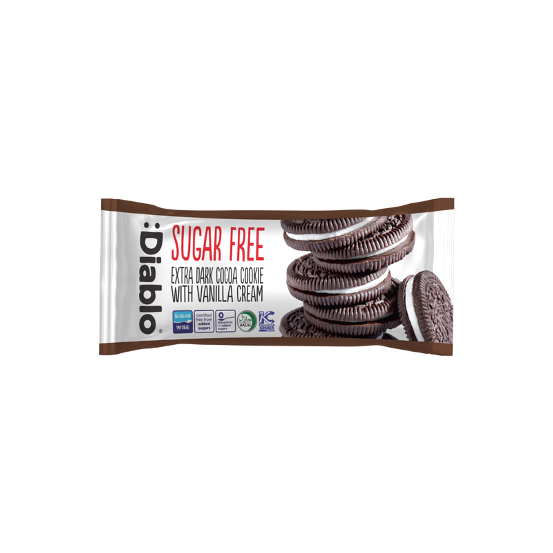 Diablo sugar-free extra dark cocoa vanilla cream cookies, imported from the UK