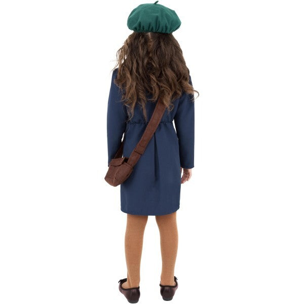 Smiffys WWII evacuee girl costume blue dress hat bag, imported from the UK