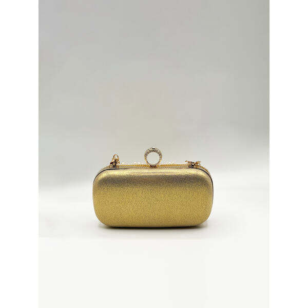 SVNX oval pearl clutch bag in gold, imported from the UK