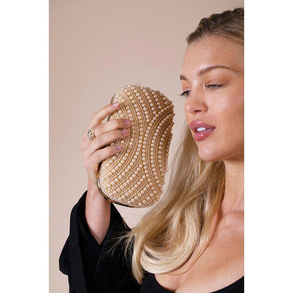 SVNX oval pearl clutch bag in gold, imported from the UK